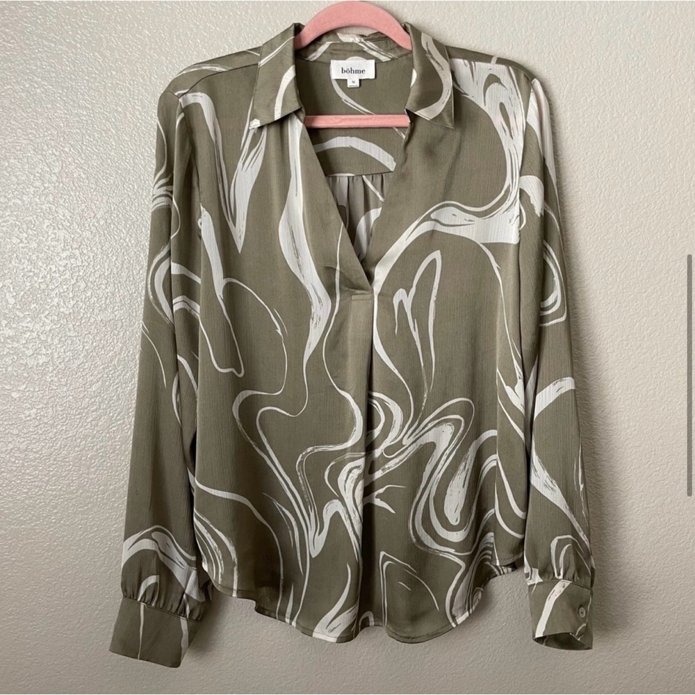Bohme Top Womens Medium Green White Swirl Long Sleeve Popover Semi Sheer Blouse